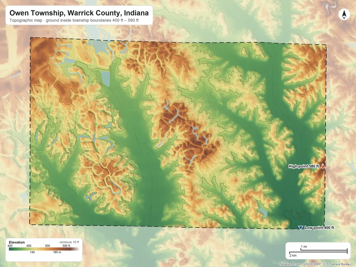 Topographic elevation map of Owen Township, Warrick County, Indiana, shaded from 400 ft on the southeast side to 580 ft on the east side