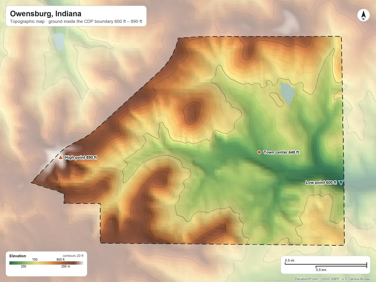 Topographic elevation map of Owensburg, Indiana, shaded from 600 ft on the east side to 890 ft on the west side