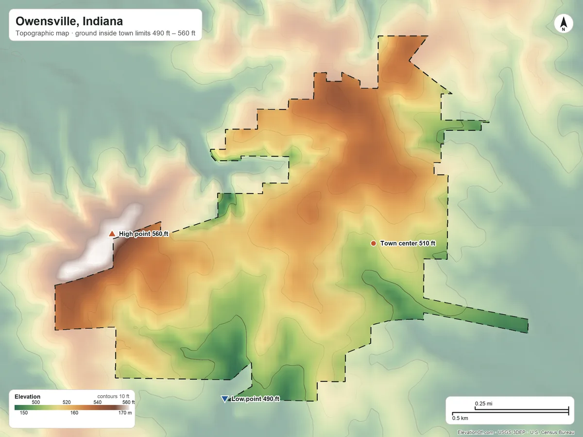 Topographic elevation map of Owensville, Indiana, shaded from 490 ft on the southwest side to 560 ft on the west side