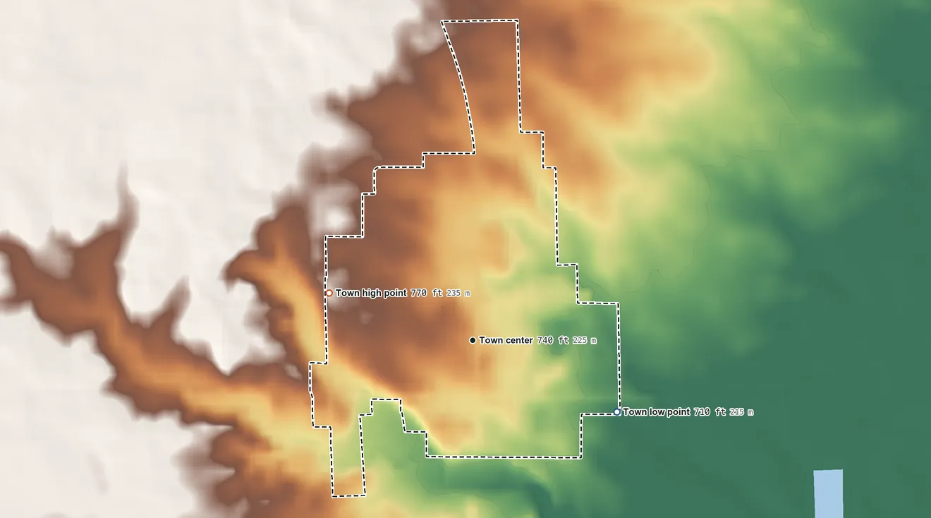 Topographic elevation map of Oxford, Indiana, shaded from 710 ft on the southeast side to 770 ft on the west side