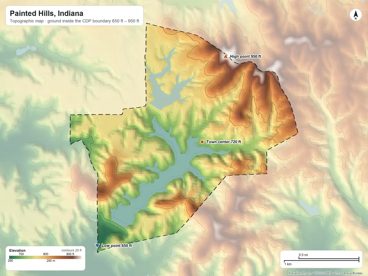 Topographic elevation map of Painted Hills, Indiana, shaded from 650 ft on the southwest side to 950 ft on the north edge, below higher ground just outside