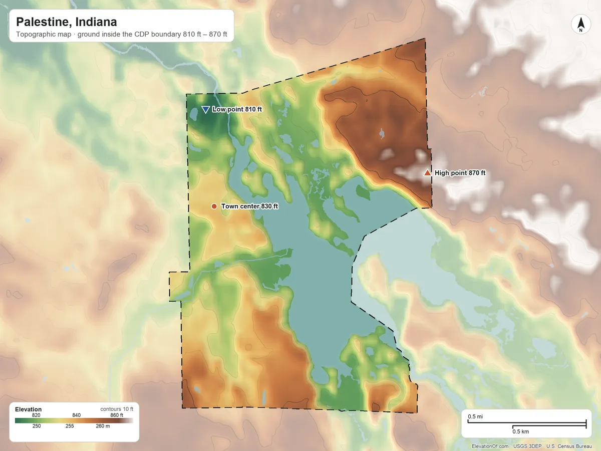 Topographic elevation map of Palestine, Indiana, shaded from 810 ft on the north side to 870 ft on the east side