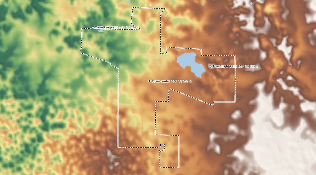 Topographic elevation map of Palmyra, Indiana, shaded from 730 ft on the northwest side to 810 ft on the east side