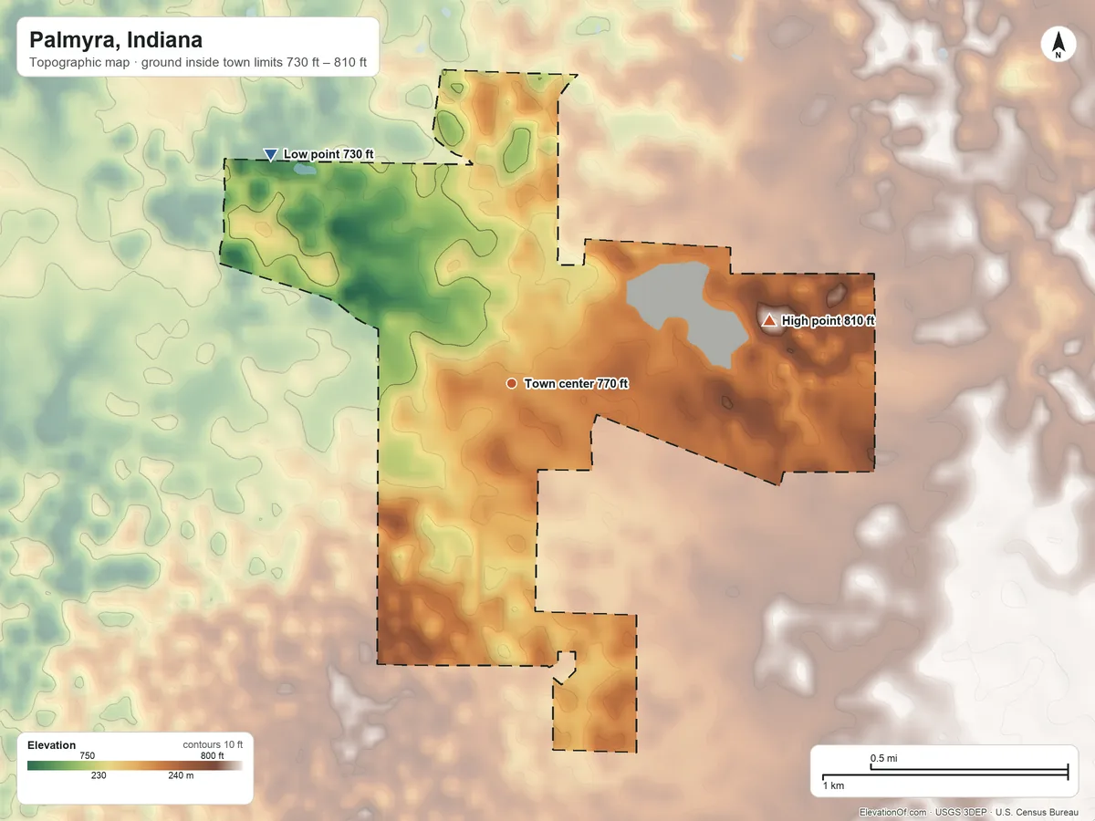 Topographic elevation map of Palmyra, Indiana, shaded from 730 ft on the northwest side to 810 ft on the east side