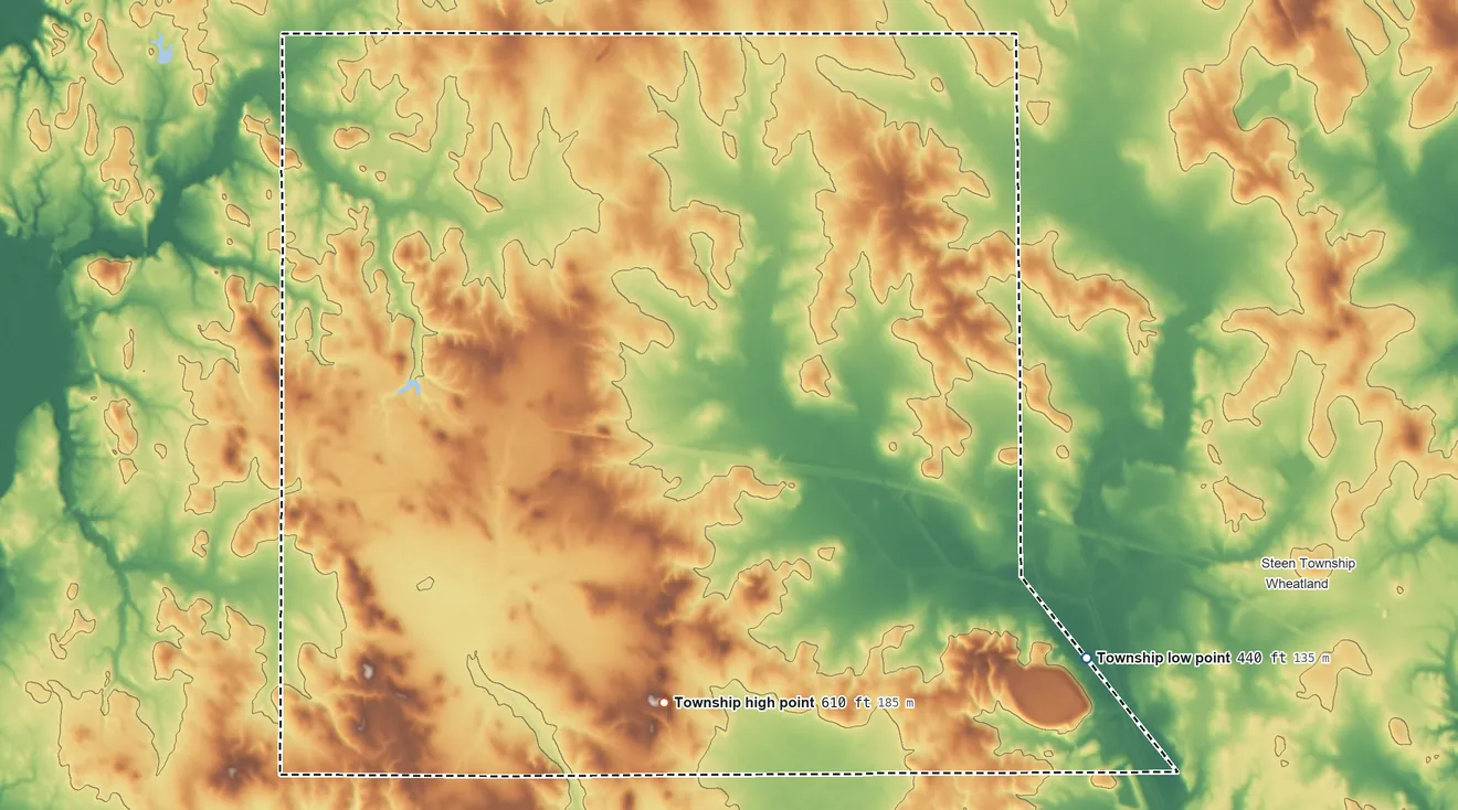 Topographic elevation map of Palmyra Township, Indiana, shaded from 440 ft on the southeast side to 610 ft on the south side