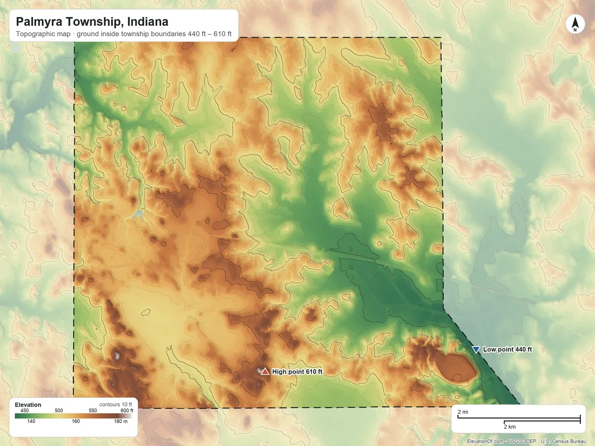 Topographic elevation map of Palmyra Township, Indiana, shaded from 440 ft on the southeast side to 610 ft on the south side