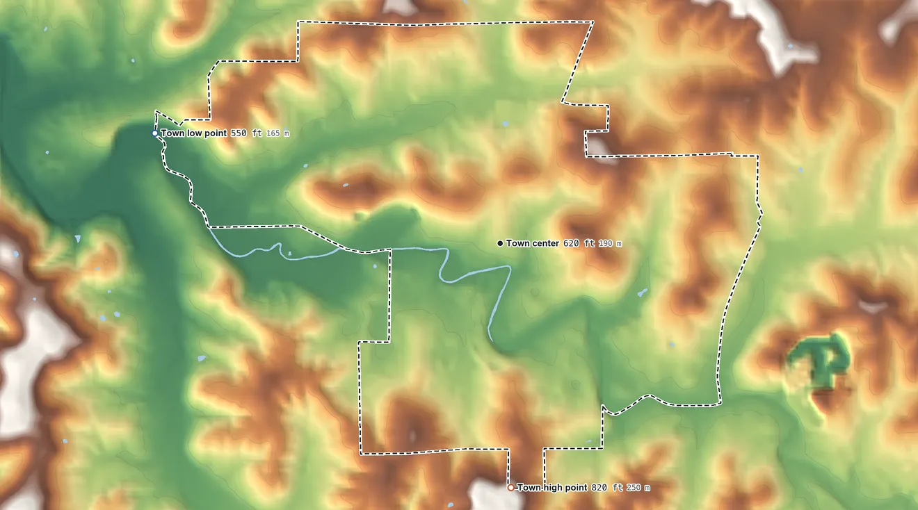 Topographic elevation map of Paoli, Indiana, shaded from 550 ft on the west side to 820 ft on the south side