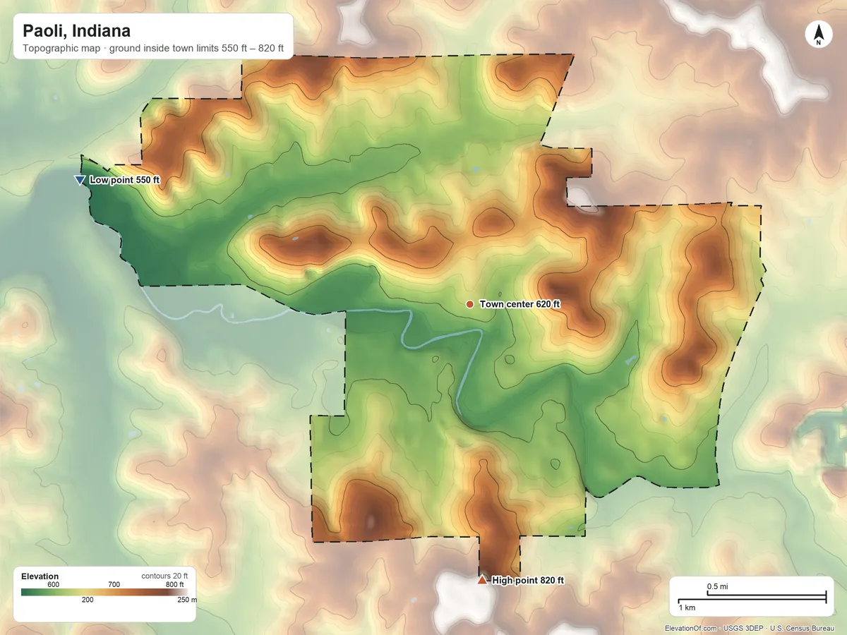 Topographic elevation map of Paoli, Indiana, shaded from 550 ft on the west side to 820 ft on the south side