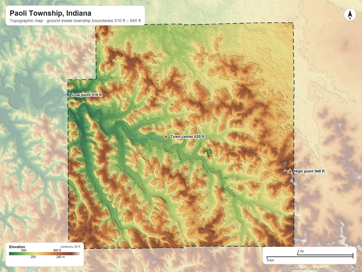Topographic elevation map of Paoli Township, Indiana, shaded from 510 ft on the northwest side to 940 ft on the east side
