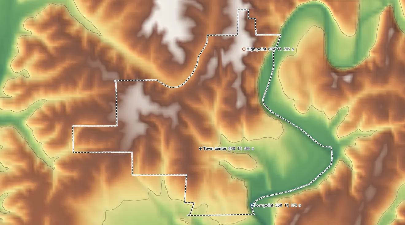 Topographic elevation map of Paris Crossing, Indiana, shaded from 560 ft on the southeast side to 680 ft on the northeast side