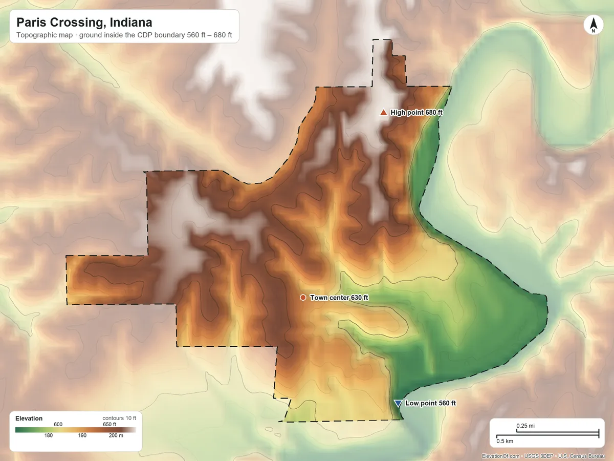 Topographic elevation map of Paris Crossing, Indiana, shaded from 560 ft on the southeast side to 680 ft on the northeast side