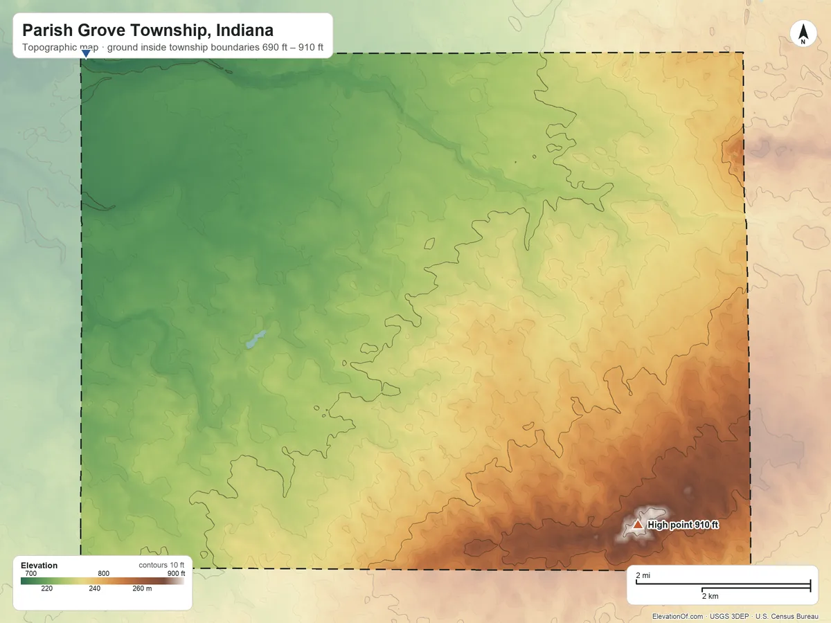 Topographic elevation map of Parish Grove Township, Indiana, shaded from 690 ft on the northwest side to 910 ft on the southeast side