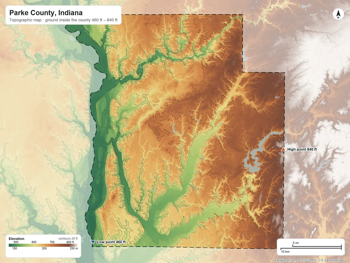 Topographic elevation map of Parke County, Indiana, shaded from 460 ft on the southwest side to 840 ft on the east side
