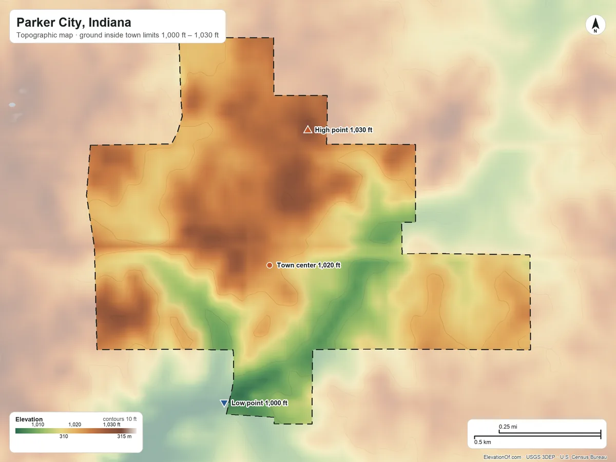 Topographic elevation map of Parker City, Indiana, shaded from 1,000 ft on the south side to 1,030 ft on the north side