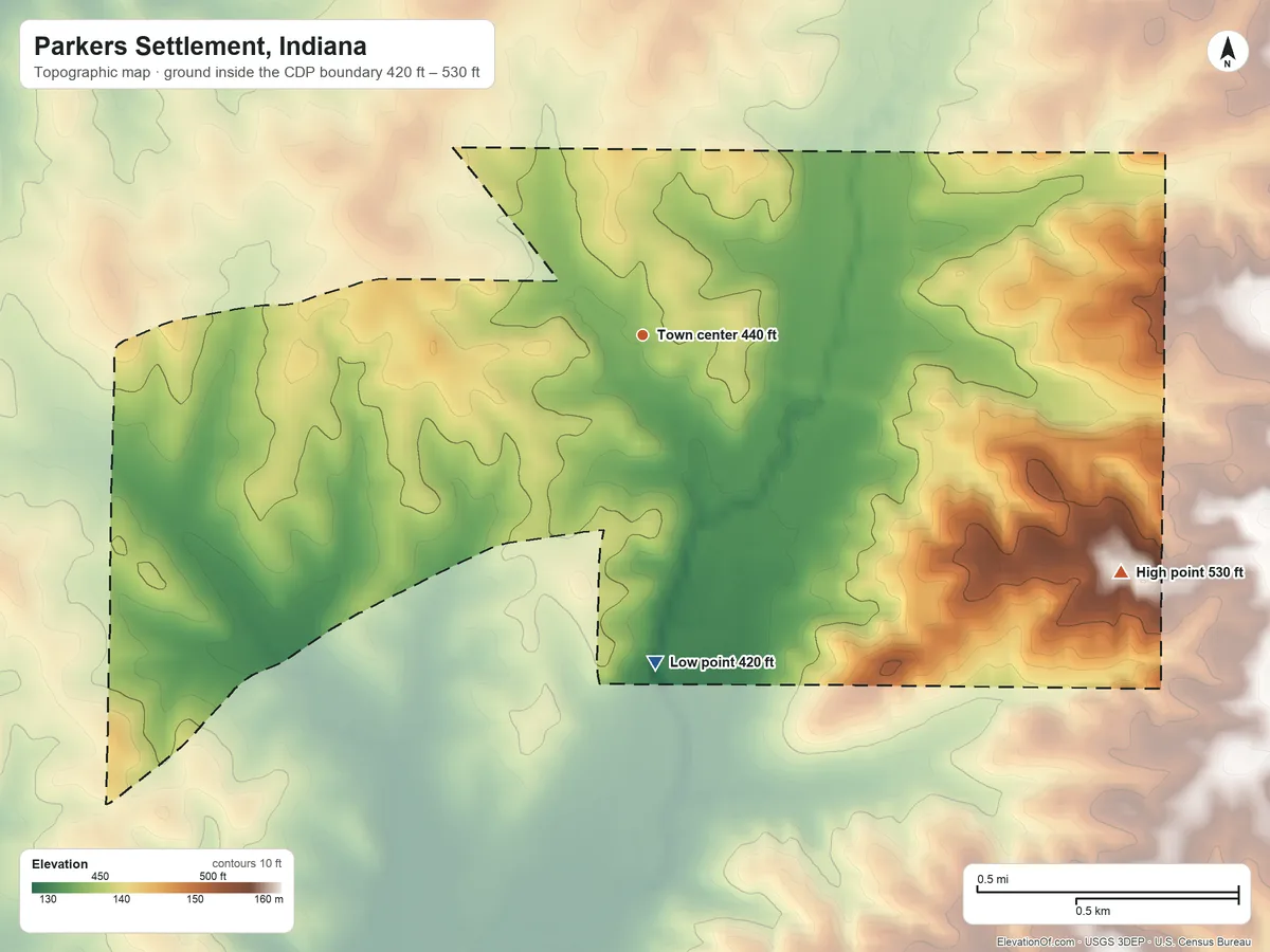 Topographic elevation map of Parkers Settlement, Indiana, shaded from 420 ft on the south side to 530 ft on the southeast side