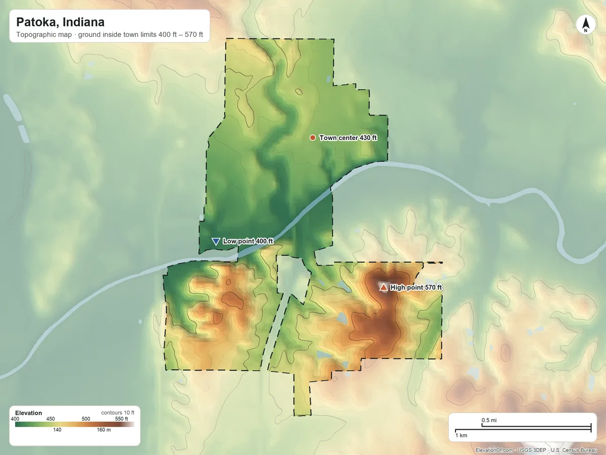 Topographic elevation map of Patoka, Indiana, shaded from 400 ft on the southwest side to 570 ft on the southeast side