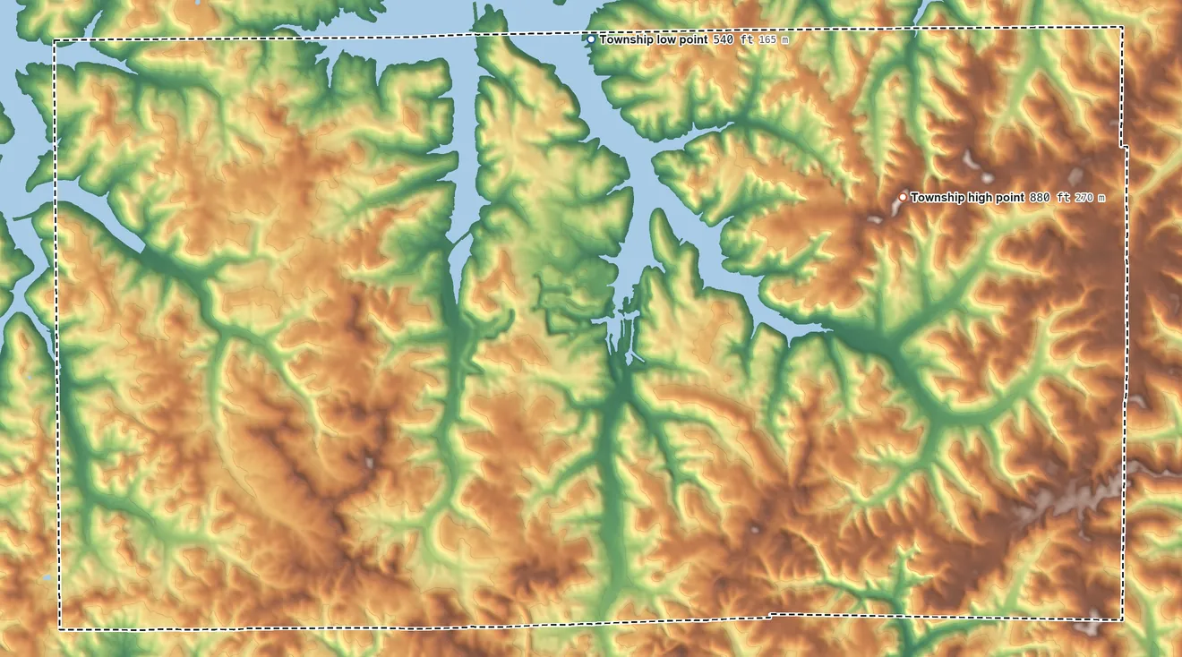 Topographic elevation map of Patoka Township, Crawford County, Indiana, shaded from 540 ft on the north side to 880 ft on the northeast side