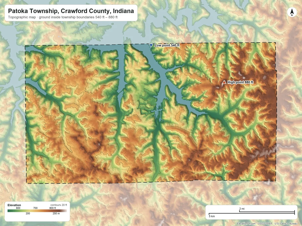 Topographic elevation map of Patoka Township, Crawford County, Indiana, shaded from 540 ft on the north side to 880 ft on the northeast side