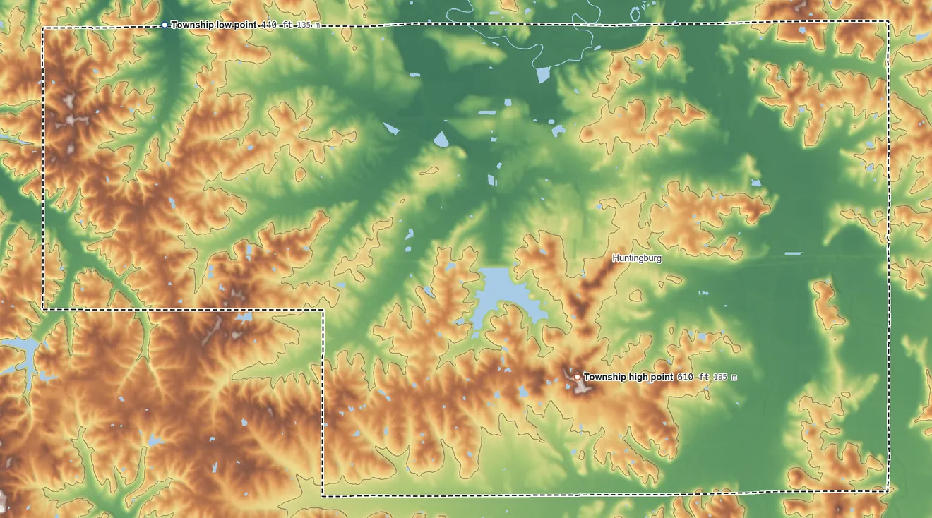 Topographic elevation map of Patoka Township, Dubois County, Indiana, shaded from 440 ft on the northwest side to 610 ft on the south side