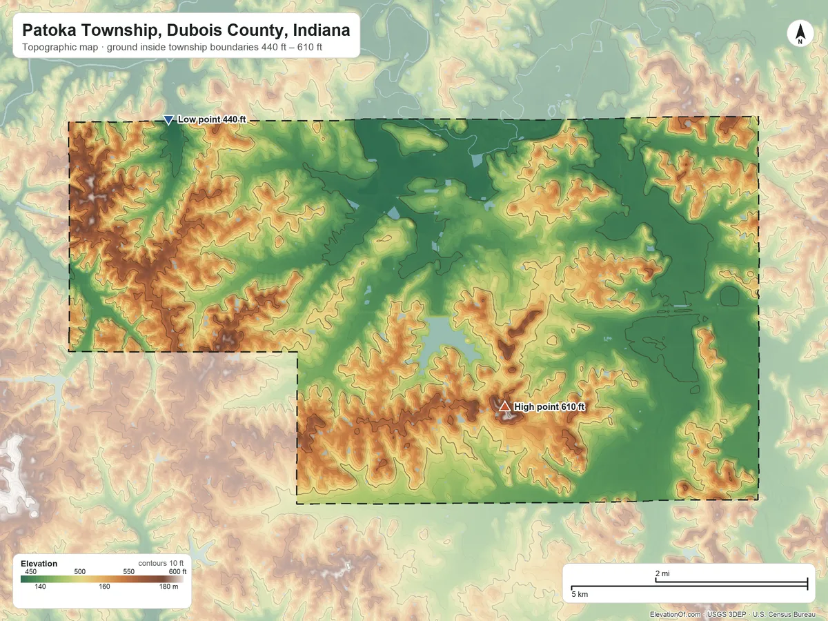 Topographic elevation map of Patoka Township, Dubois County, Indiana, shaded from 440 ft on the northwest side to 610 ft on the south side