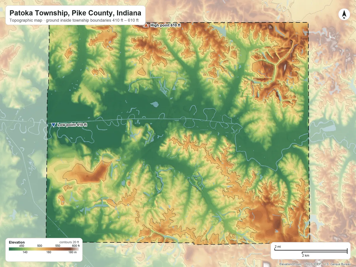 Topographic elevation map of Patoka Township, Pike County, Indiana, shaded from 410 ft on the west side to 610 ft on the northwest side