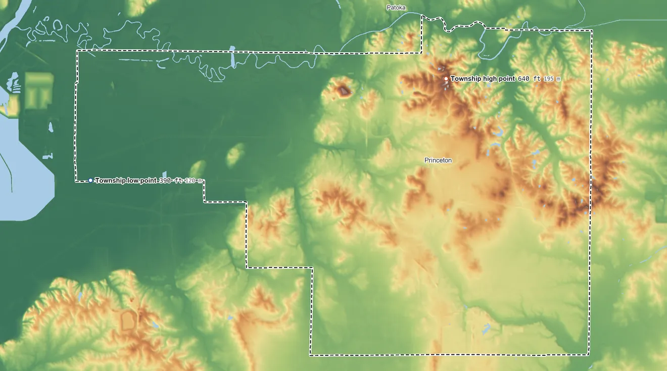 Topographic elevation map of Patoka Township, Indiana, shaded from 390 ft on the west side to 640 ft on the north side