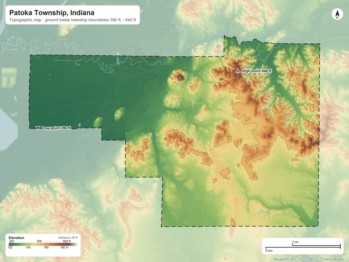 Topographic elevation map of Patoka Township, Indiana, shaded from 390 ft on the west side to 640 ft on the north side