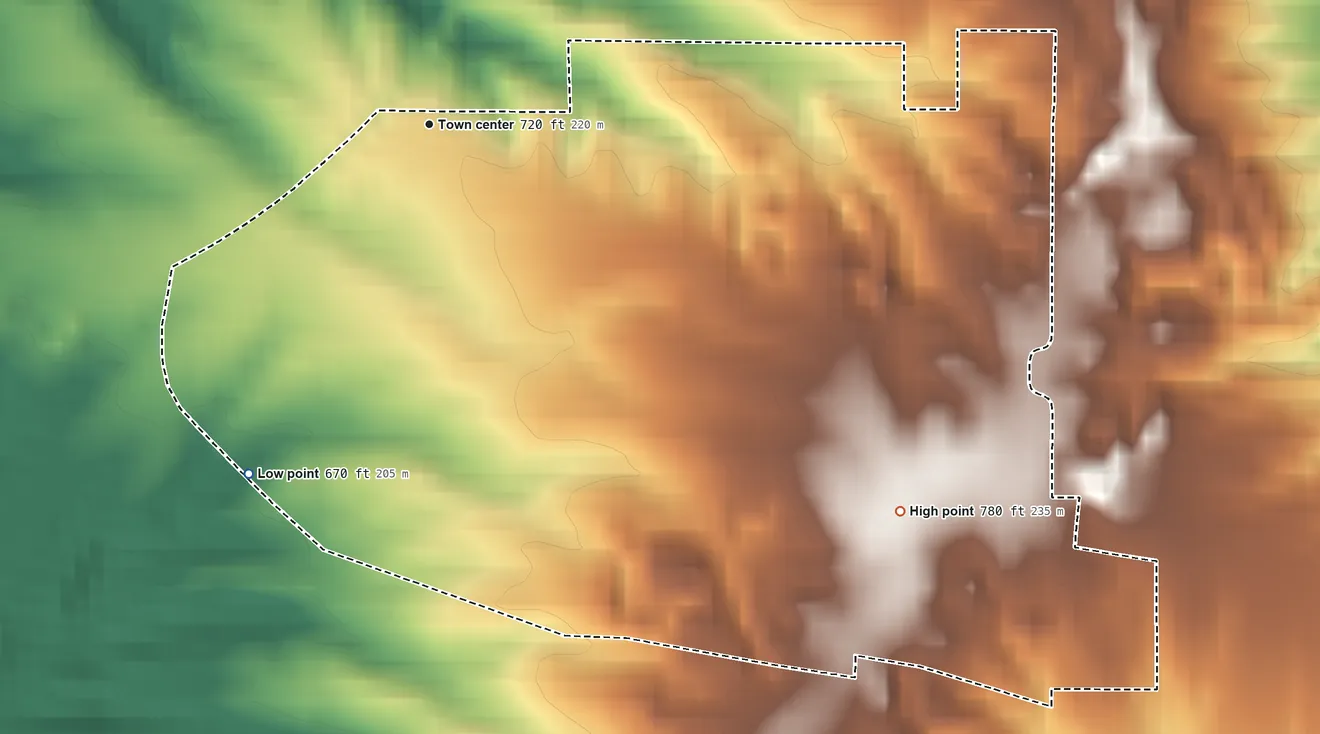 Topographic elevation map of Patricksburg, Indiana, shaded from 670 ft on the southwest side to 780 ft on the southeast side