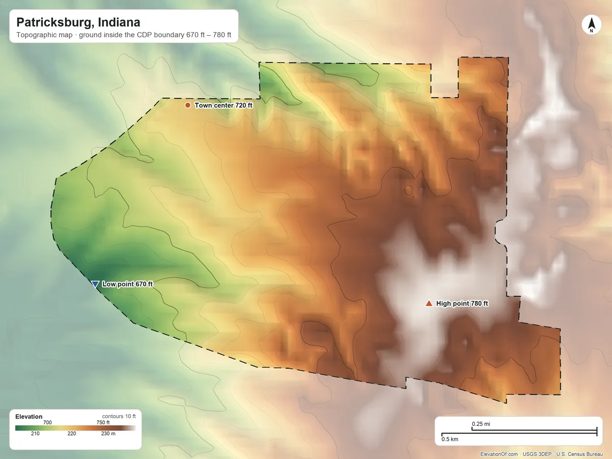 Topographic elevation map of Patricksburg, Indiana, shaded from 670 ft on the southwest side to 780 ft on the southeast side