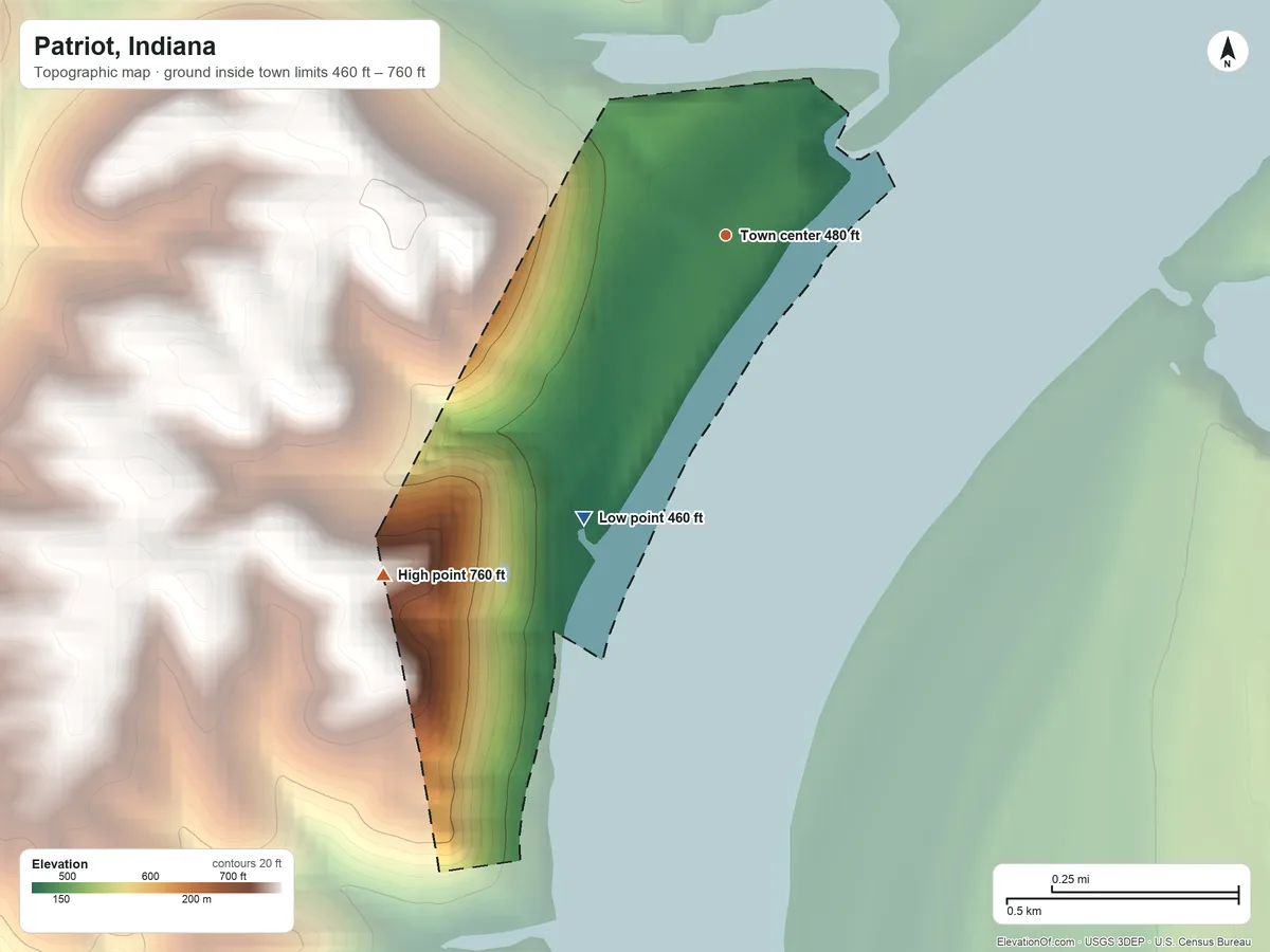 Topographic elevation map of Patriot, Indiana, shaded from 460 ft on the southwest side to 760 ft on the southwest side