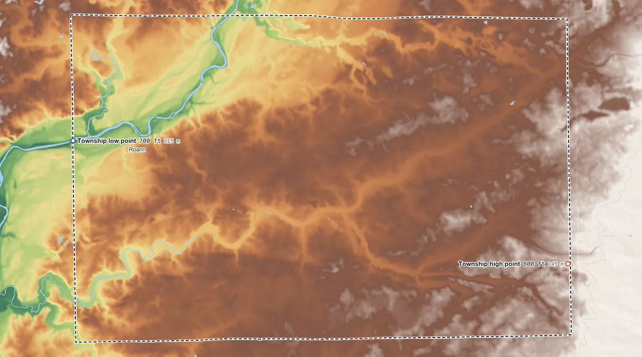 Topographic elevation map of Paw Paw Township, Indiana, shaded from 700 ft on the west side to 800 ft on the east side