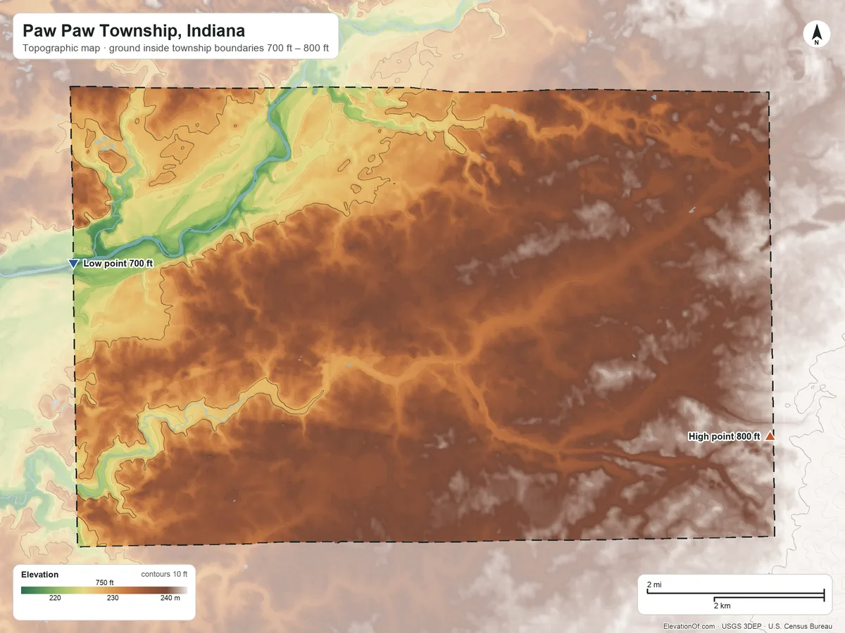 Topographic elevation map of Paw Paw Township, Indiana, shaded from 700 ft on the west side to 800 ft on the east side