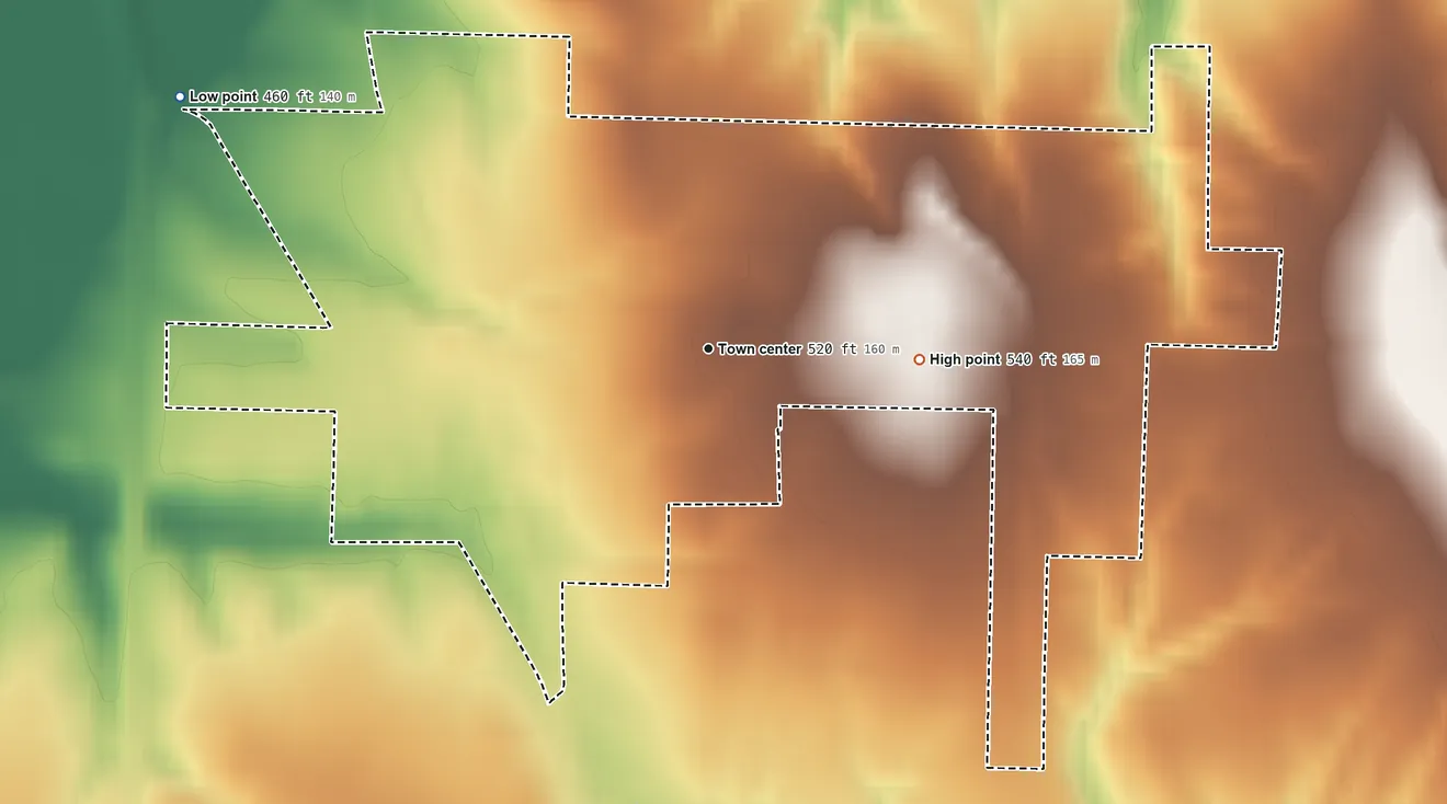 Topographic elevation map of Paxton, Indiana, shaded from 460 ft on the northwest side to 540 ft on the east side