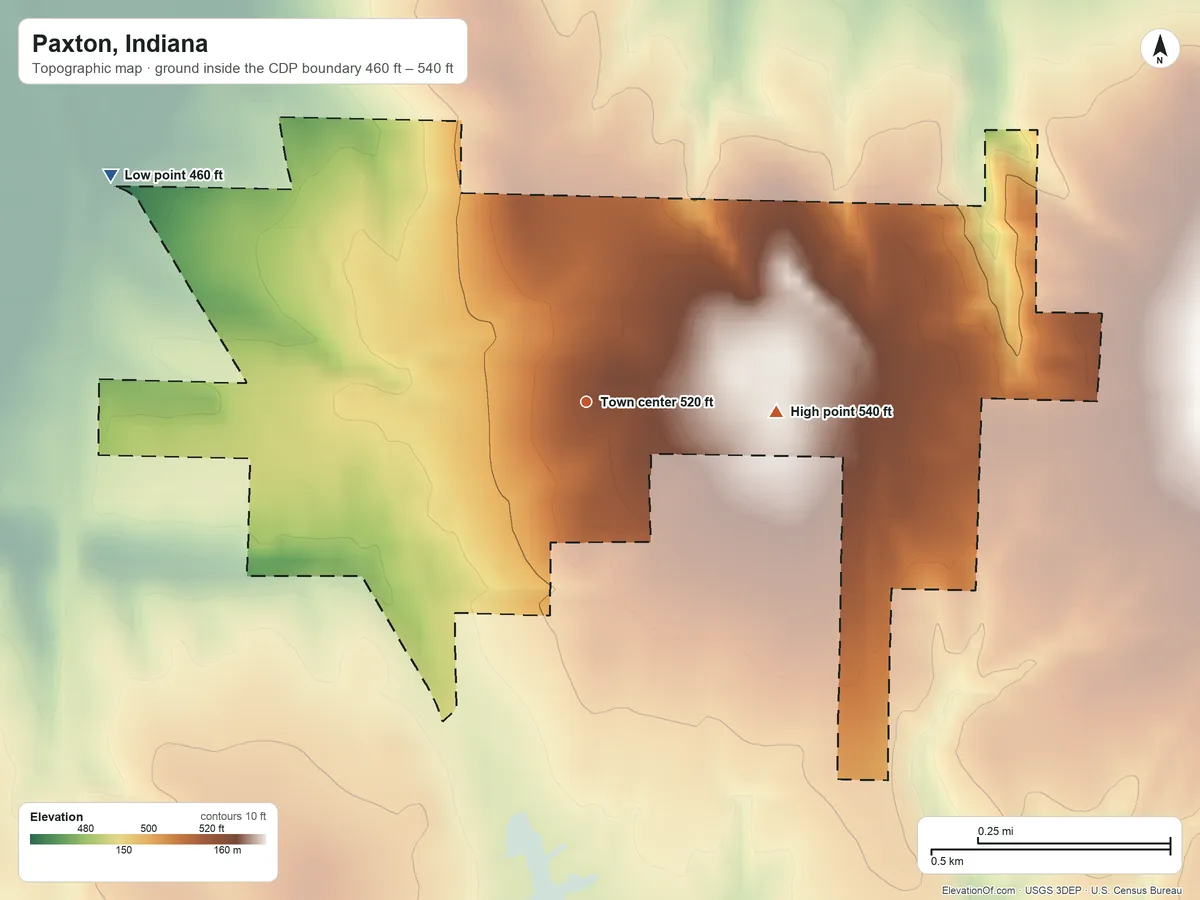 Topographic elevation map of Paxton, Indiana, shaded from 460 ft on the northwest side to 540 ft on the east side