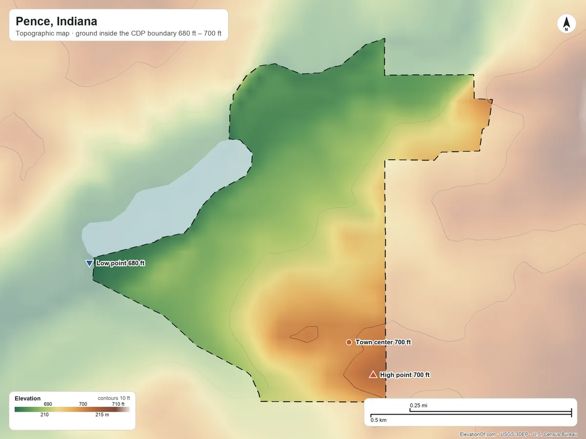 Topographic elevation map of Pence, Indiana, shaded from 680 ft on the west side to 700 ft near the middle