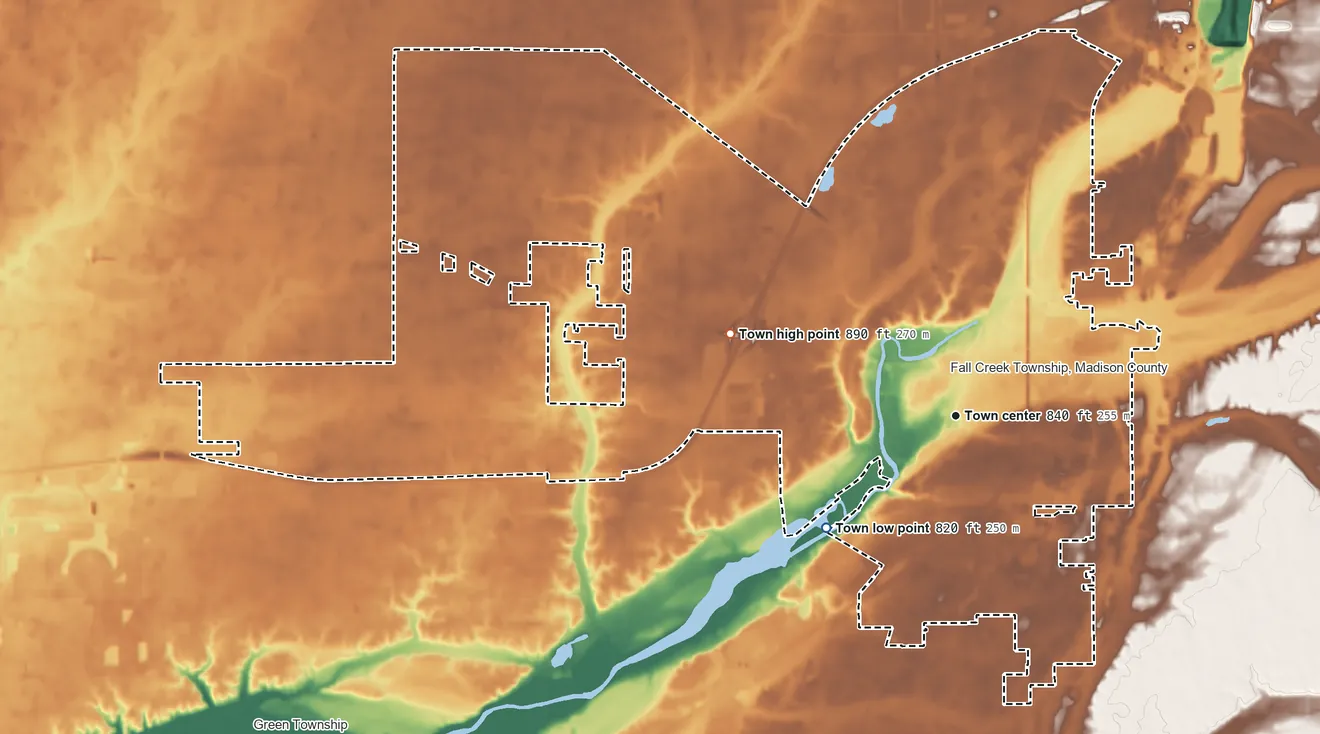 Topographic elevation map of Pendleton, Indiana, shaded from 820 ft on the southwest side to 890 ft on the west side