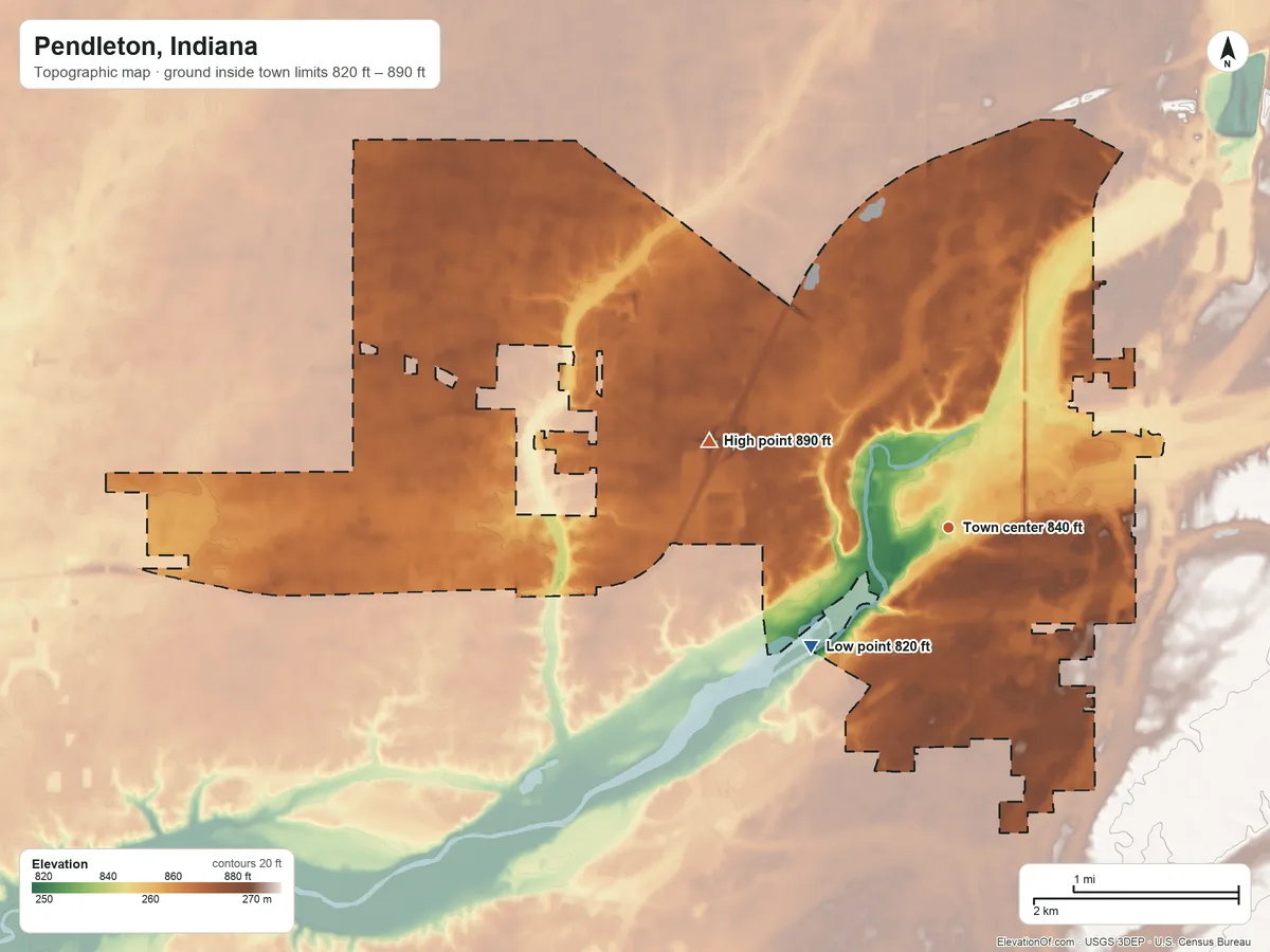 Topographic elevation map of Pendleton, Indiana, shaded from 820 ft on the southwest side to 890 ft on the west side