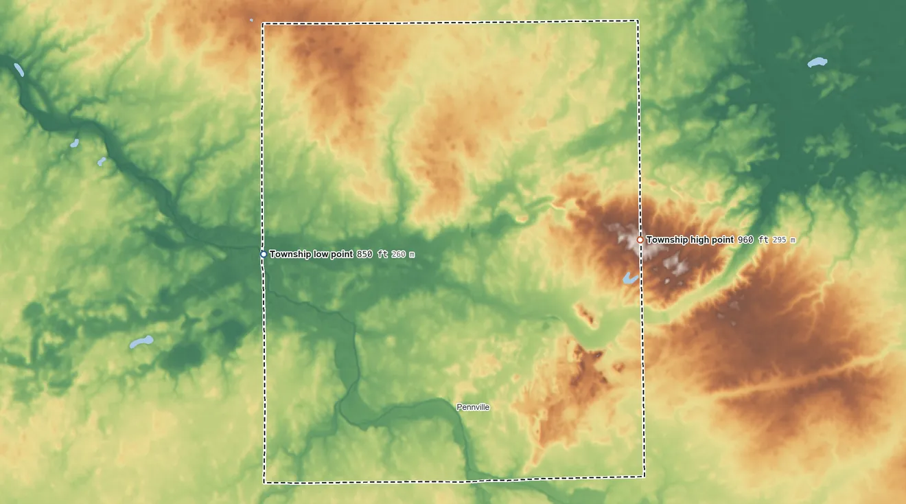 Topographic elevation map of Penn Township, Jay County, Indiana, shaded from 850 ft on the west side to 960 ft on the northeast side