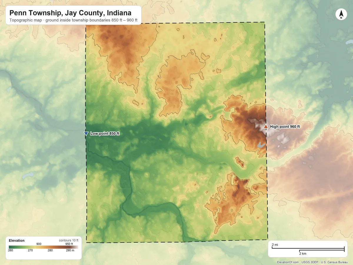 Topographic elevation map of Penn Township, Jay County, Indiana, shaded from 850 ft on the west side to 960 ft on the northeast side
