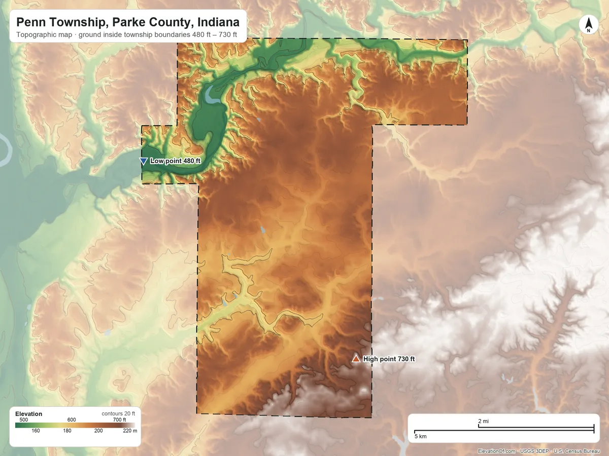 Topographic elevation map of Penn Township, Parke County, Indiana, shaded from 480 ft on the northwest side to 730 ft on the south side