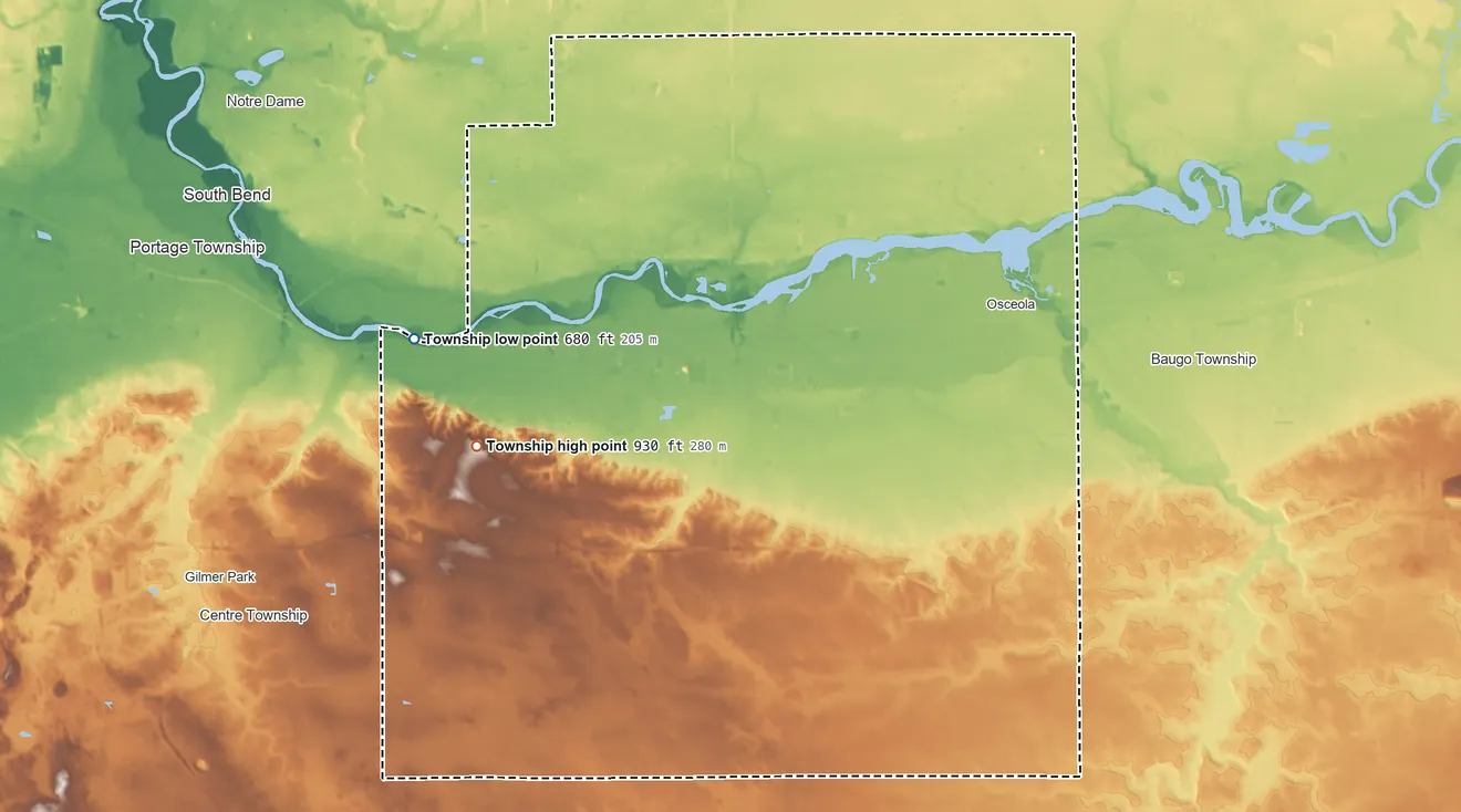 Topographic elevation map of Penn Township, Indiana, shaded from 680 ft on the west side to 930 ft on the southwest side