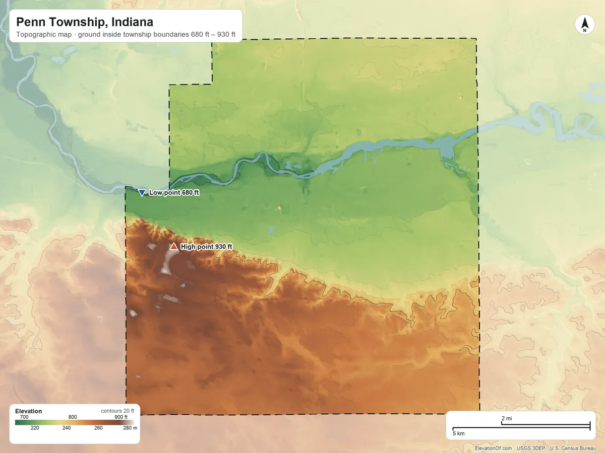 Topographic elevation map of Penn Township, Indiana, shaded from 680 ft on the west side to 930 ft on the southwest side