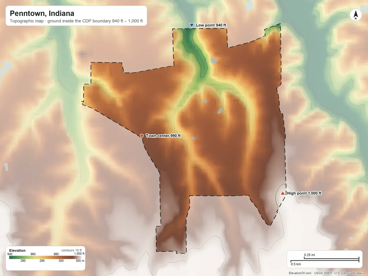 Topographic elevation map of Penntown, Indiana, shaded from 940 ft on the northeast side to 1,000 ft on the east side
