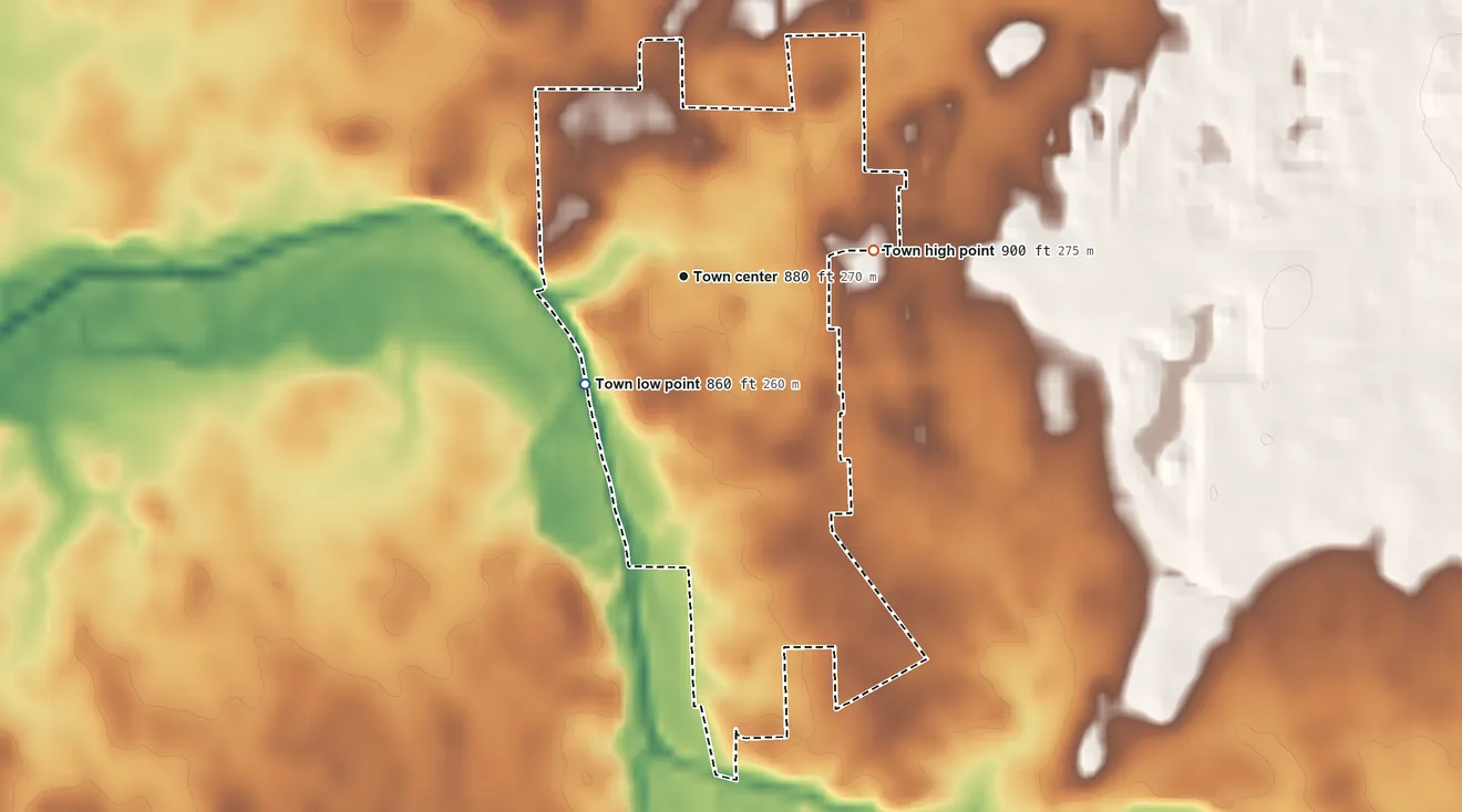 Topographic elevation map of Pennville, Indiana, shaded from 860 ft on the southwest side to 900 ft on the east side