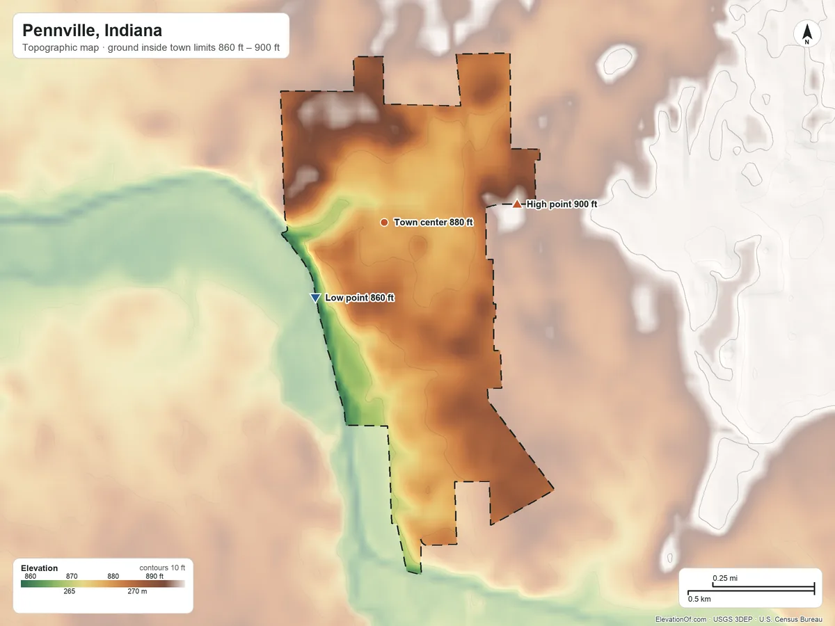 Topographic elevation map of Pennville, Indiana, shaded from 860 ft on the southwest side to 900 ft on the east side