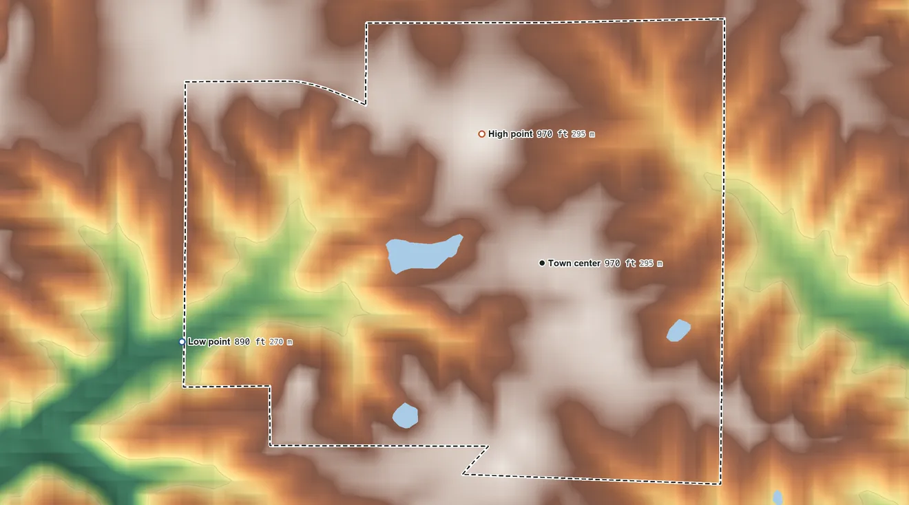 Topographic elevation map of Peppertown, Indiana, shaded from 890 ft on the west side to 970 ft on the northwest side