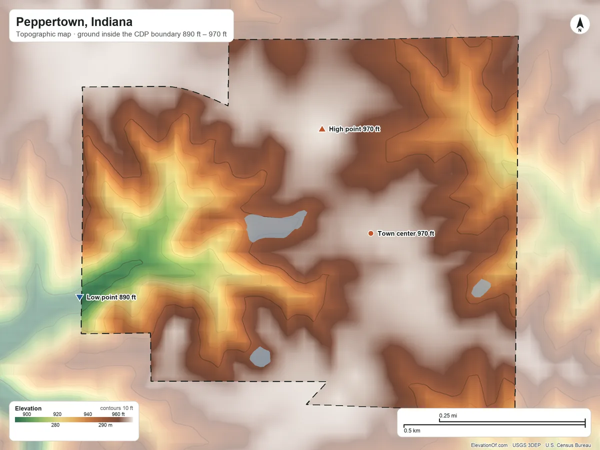 Topographic elevation map of Peppertown, Indiana, shaded from 890 ft on the west side to 970 ft on the northwest side