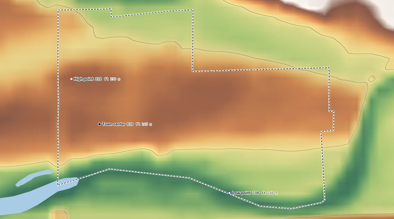 Topographic elevation map of Perkinsville, Indiana, shaded from 790 ft on the southeast side to 810 ft on the northwest side