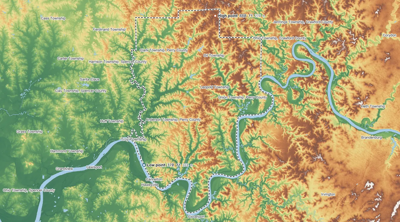 Topographic elevation map of Perry County, Indiana, shaded from 370 ft on the southwest side to 880 ft on the north side