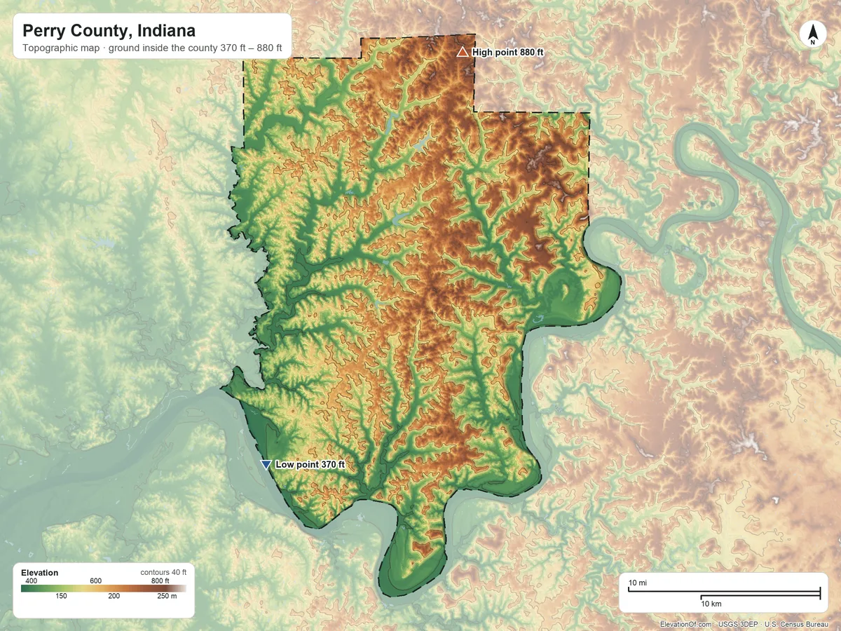 Topographic elevation map of Perry County, Indiana, shaded from 370 ft on the southwest side to 880 ft on the north side